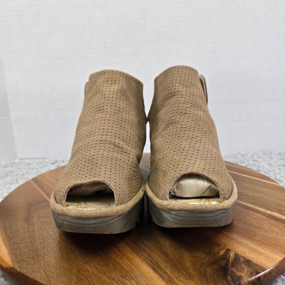 Fly London Ypul Taupe Perforated Peep Toe Ankle Strap Wedge Sandals Womens 39 - Picture 5 of 16